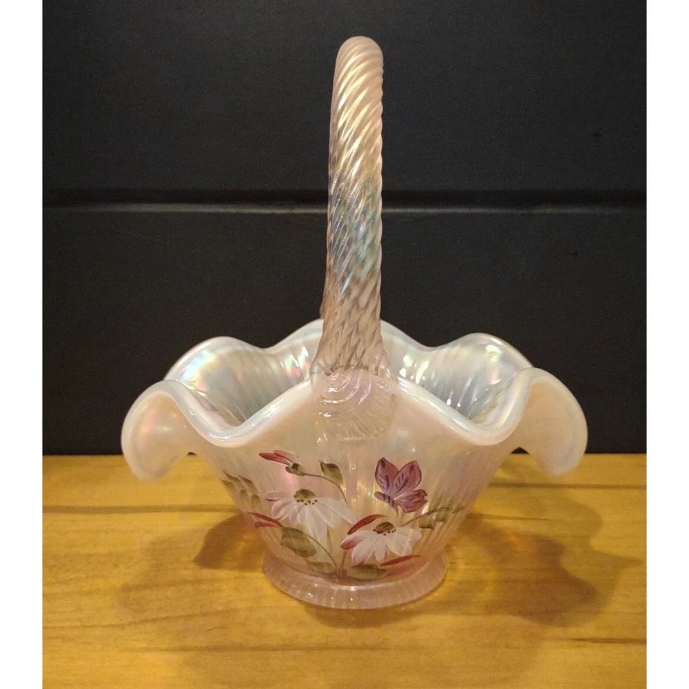 Fenton Iridescent Pink Butterfly & Daisy‎ Hand Painted Ruffed Basket